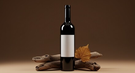 Elegant Still Life of a Black Wine Bottle with Blank Label, Driftwood, and Autumn Leaf on Warm Brown Background