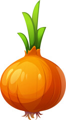 Cartoon raw ripe onion with green sprouting leaves. Isolated vector fresh farm produce, healthy eating. Round root vegetable with dry, papery golden brown skin, natural aromatic cooking ingredient
