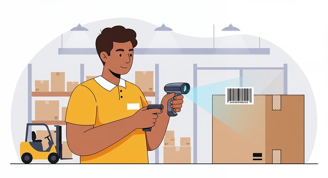 Warehouse Worker Scanning Barcode with Handheld Scanner