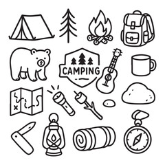  Camping doodle icon set, forest adventure hand drawn vector line sticker