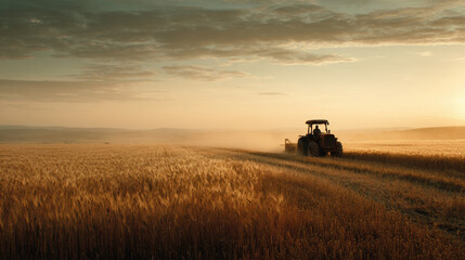 Fototapeta premium Tractor cutting wheat at sunset in golden field with dust and clouds on horizon