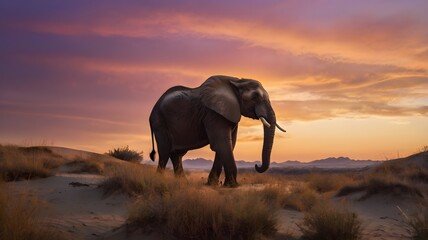 Fototapeta premium Majestic elephant walks across sandy savanna at sunset with dramatic colorful sky
