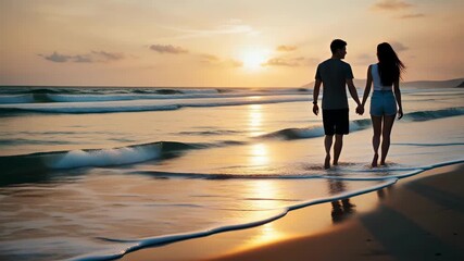Young couple walking beach sunset holding hands with gentle waves and warm light . couple beach sunset wave ocean holding hands - Powered by Adobe