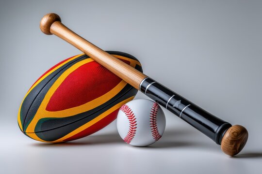 Unique combination of a rugby ball, baseball, and wooden bat showcasing sports diversity and passion in a minimalist setting