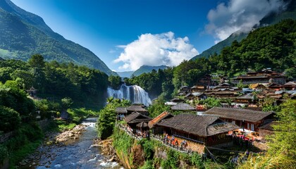 traditional village nestled among verdant mountains with cascading waterfall