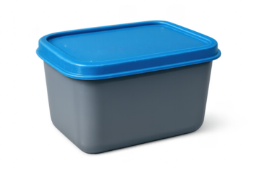 Gray plastic food container with blue lid on transparent background