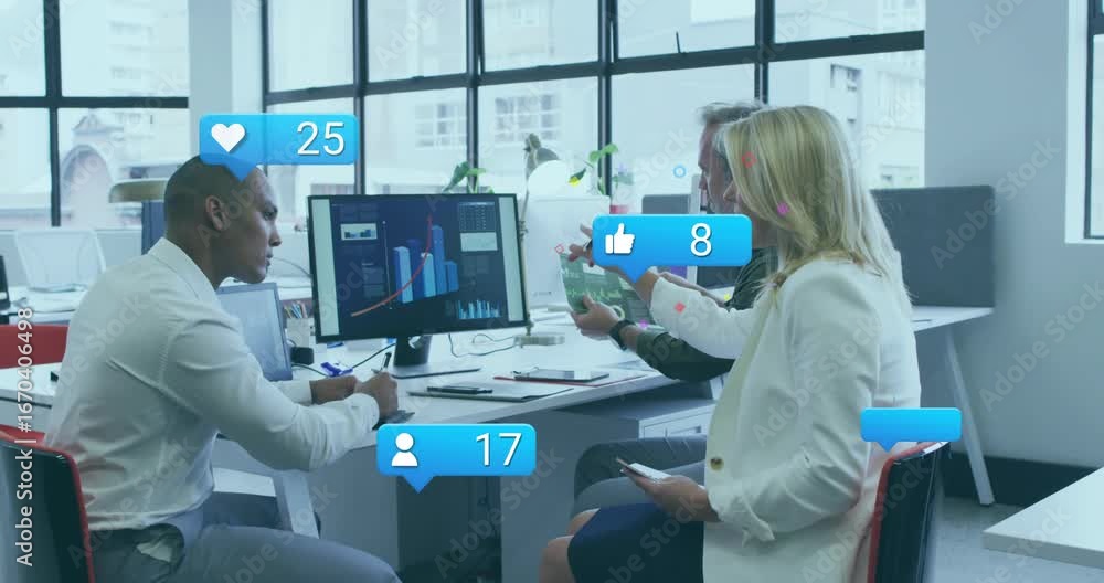 Poster presenter pointing at rising chart sending social icons around colleagues for business insights