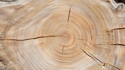 Naklejka premium Aged Timber's Story: a striking close-up of a tree's cross-section, showcasing concentric growth rings and unique texture, inviting viewers to contemplate nature's resilience and the passage of time.