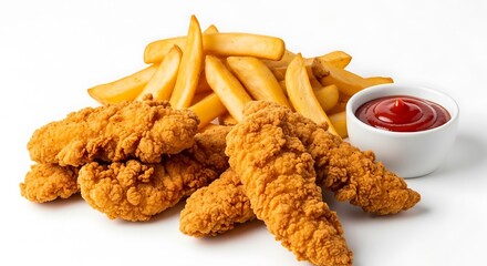 Crispy fried chicken tenders and fries