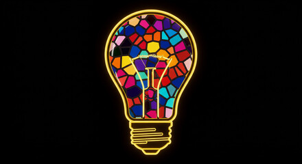 Vibrant colorful lightbulb mosaic on black is a stunning symbol for creative ideas and innovation