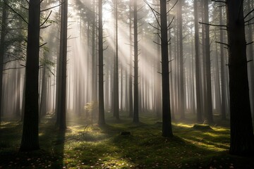 Naklejka premium Foggy Pine Forest with Sunlight Rays – Cinematic Nature Background