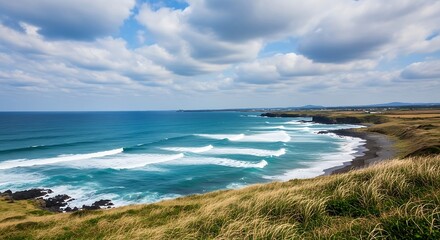 Scenic Coastal Landscape with Deep Blue Ocean, Crashing Waves, and Grassy Foreground Under Partly Cloudy Sky