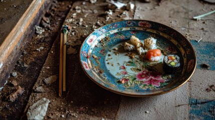 Forgotten Feast - A Colorful Plate of Rotting Food Amidst Urban Decay.