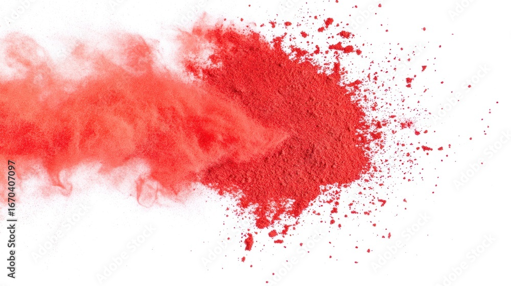 Poster red powder burst: a vibrant display of red powder explodes outwards, creating a dynamic cloud of col