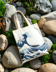 Canvas tote bag featuring Hokusai's Great Wave print, resting on natural rocks and green moss.