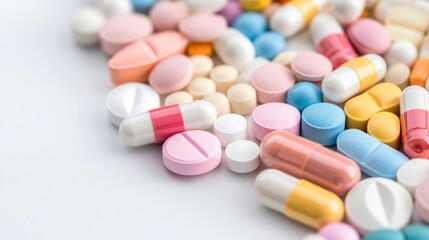 Medication assortment: A diverse array of pills in varied shapes, sizes, and colors, elegantly laid out to emphasize pharmaceutical diversity.