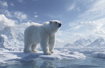Polar bear stands majestically on arctic ice with mountains under a cloudy sky