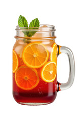 Refreshing drink with citrus slices and mint leaves in glass jar, perfect for summer. Enjoy vibrant colors and flavors
