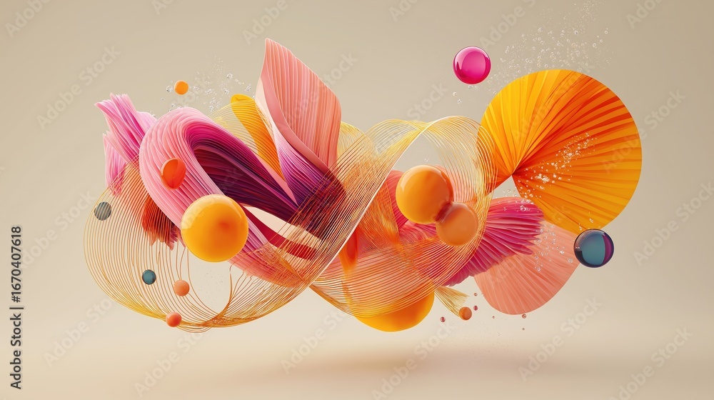 Poster colorful abstract 3d composition with floating shapes and dynamic swirls in colorful objects and pas