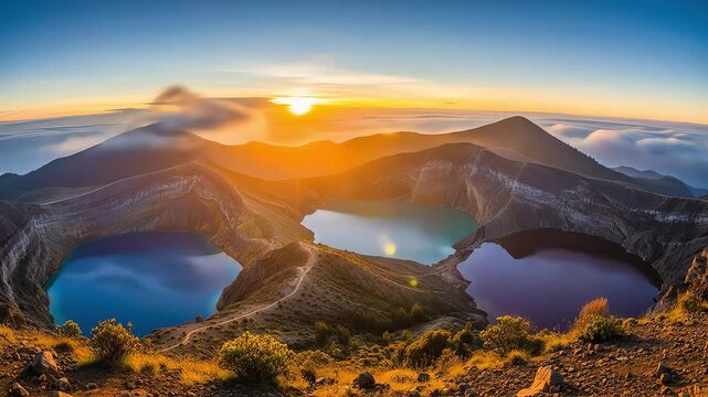 Majestic Indonesian Kelimutu Volcanic Crater Lakes Emerge from Misty Dawn Revealing Azure and Emerald Waters.