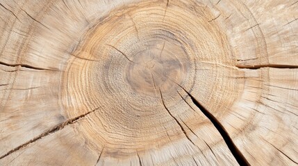 Naklejka premium Wood Grain’s Time Telling: A detailed photograph of a cross-section of a tree trunk exposes its history through concentric rings, showcasing texture, pattern, and nature's timeline.
