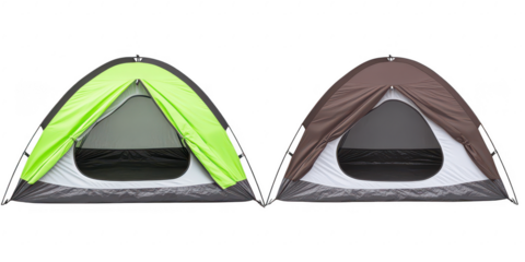Two colorful camping tents with open entrances on a black background outdoor shelter isolated on a transparent background