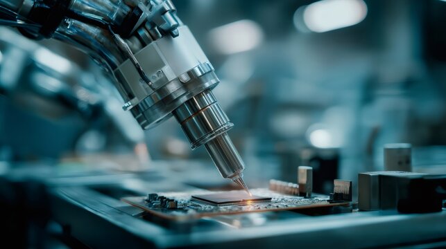 High tech robotic arm precisely assembling electronic components on a circuit board, showcasing advanced automation in modern manufacturing