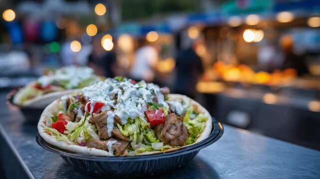 Delicious gyros filled with grilled meat, cabbage, tomato, and garlic sauce served from a bustling food truck.