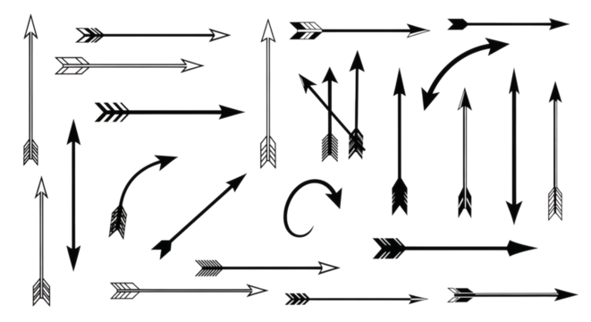 Collection of decorative arrows with various designs on a black background