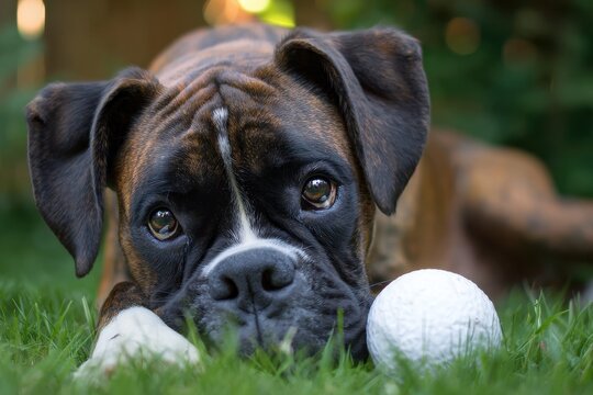 Fat Dog Outside. Adorable Boxer Dog Laying on Grass with White Ball