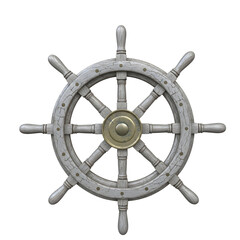 Vintage wooden ship wheel with brass hub isolated on transparent background