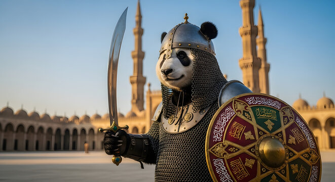 Noble panda bear warrior in medieval chainmail and helmet, holding a sword and shield in a historic temple courtyard