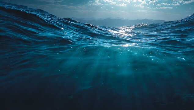 Underwater Ocean View With Sun Rays Shining Through The Water Keywords: underwater, ocean, sea, water, sun