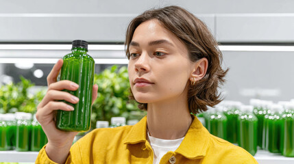 Young woman holding green juice bottle in grocery store, examining label with focused expression, surrounded by fresh produce and healthy food options, modern lifestyle