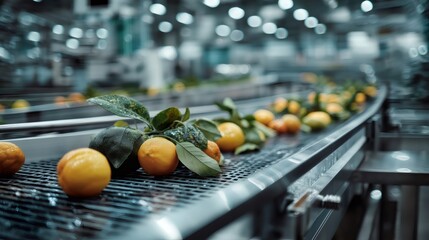Lemons with leaves being processed and transported on a metal conveyor belt inside a modern fruit processing factory, ensuring quality and hygiene in industrial food production