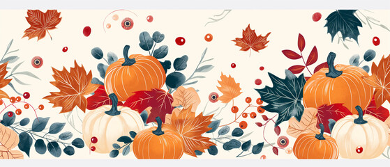 Pumpkins and Autumn Leaves Border Design Watercolor Style
