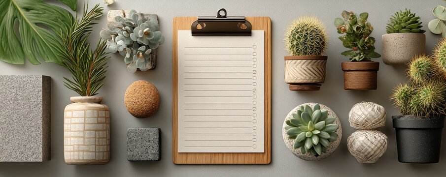 Decorative clipboard with checklist surrounded by succulents and cacti - Powered by Adobe
