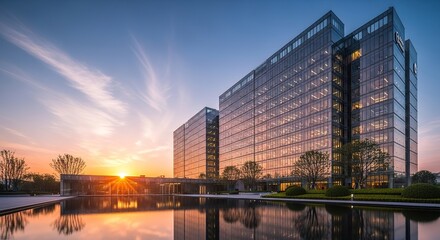 Obraz premium Sunset Reflections on Modern Glass Buildings and Tranquil Water