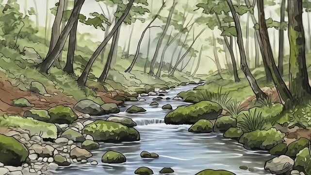 Hand-drawn watercolor of river winding through forest with mossy rocks and tall trees