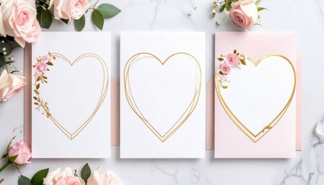 Elegant Trio of Romantic Cards with Golden Hearts and Pink Roses on Marble. - Powered by Adobe