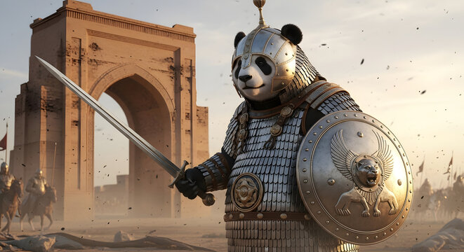 An epic armored panda warrior stands heroically in a vast, sun-drenched ancient landscape, ready for battle with a gleaming sword and a sturdy shield, embodying courage and strength