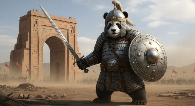 Panda Warrior Standing Proudly in Ancient Battle Scene with Sword and Shield