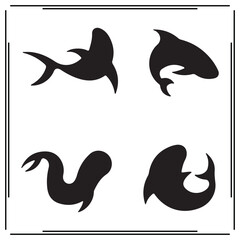 Sea Mammal Silhouettes Set - Four Different Sea Mammals Shapes in Black Vector Illustrations for Marine Life, Ocean, and Wildlife Designs