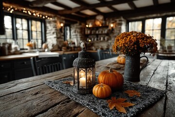 Cozy rustic kitchen interior decorated for fall with orange pumpkins, flowers and leaves, autumn home decoration