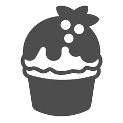 Ice cream with chocolate glaze and berries solid icon, desert sweets concept. Vector graphics. Icecream in waffle cup sign on white background, glyph style icon for mobile or web design.