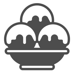 Three balls of delicious icecream solid icon, desert sweets concept. Vector graphics. Assorted ice cream in ceramic plate sign on white background, glyph style icon of mobile or web design.