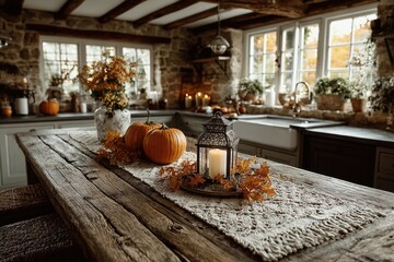 Cozy rustic kitchen interior decorated for fall with orange pumpkins, flowers and leaves, autumn home decoration