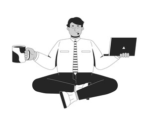 Crossed legged arab businessman meditating with coffee and laptop 2D line character. Workplace focus. Office worker calm posture isolated vector ink outline person. Monochromatic spot illustration