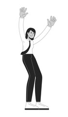 Happy corporate indian woman standing with arms raised in excitement 2D line character. Cheering south asian female office worker isolated vector ink outline person. Monochromatic spot illustration