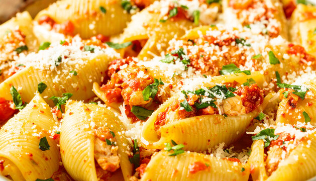 Chicken and stewed tomatoes stuffed in pasta shells, macro. AI